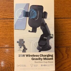 15W Wireless Charging Gravity Mount Suction Cup Base Car Phone Holder Black
